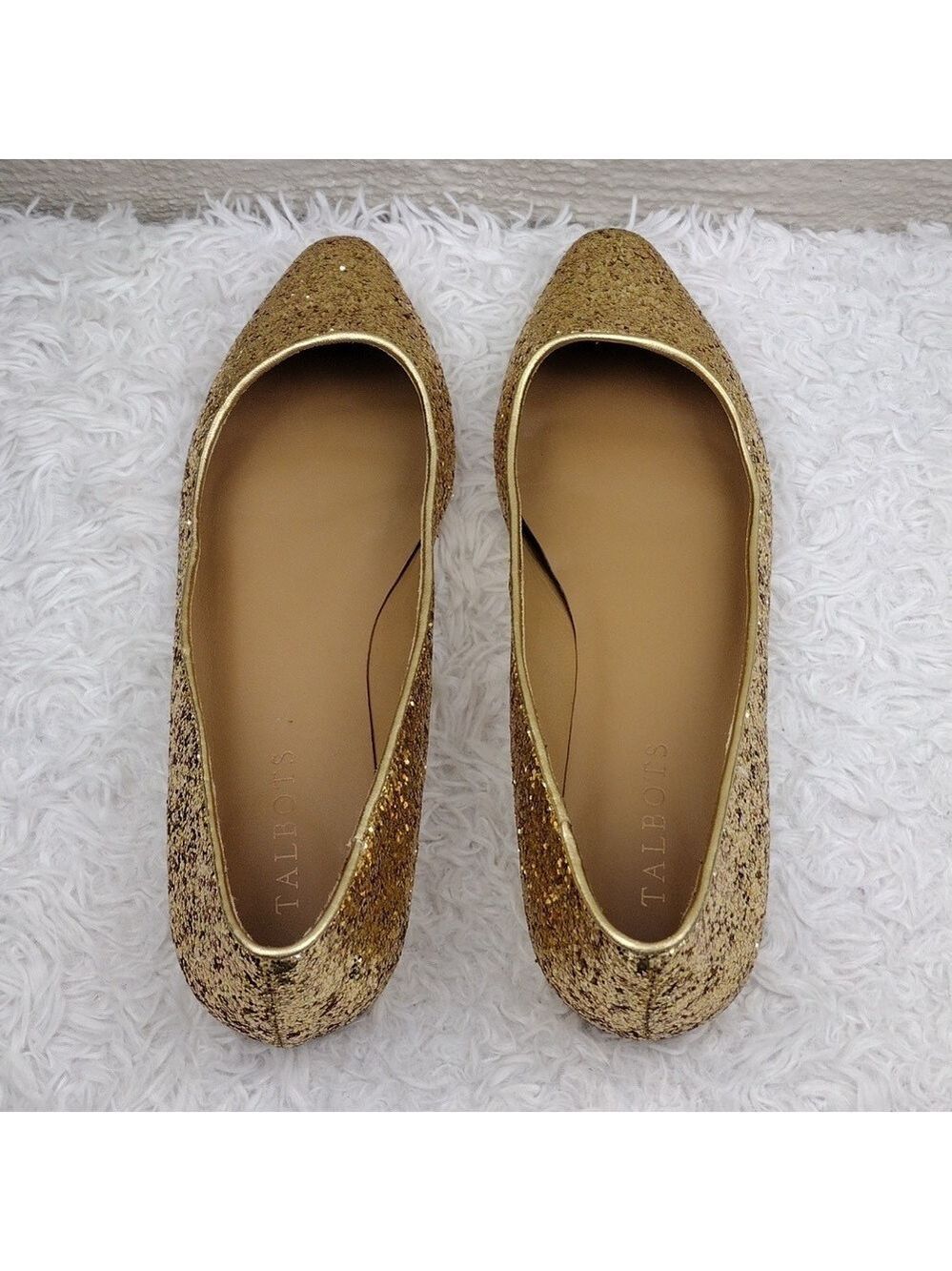 Talbots Gold Glitter Metallic Closed Almond Toe Slip On Leather Lined Flat Shoe - Picture 6 of 16